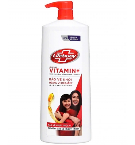 Sữa tắm Lifebuoy công thức Vitamin + sữa dưỡng ẩm sạch khuẩn bảo vệ khỏi vi khuẩn gây bệnh 980ml 