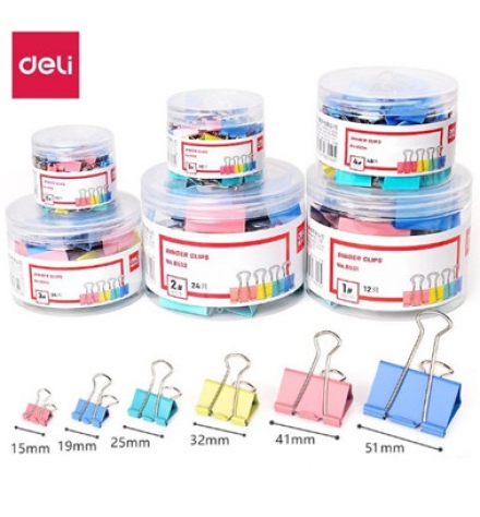 Kẹp giấy (kẹp bướm) màu Deli đủ size 15mm - 19mm - 25mm - 32mm - 41mm - 51mm.